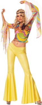 2 piece deluxe sixties style costume. Includes bell sleeved bright top, and bell bottomed trousers.