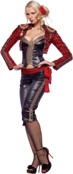 The Adult Miss Matador Costume includes a bustier, trousers with attached sash and jacket.
