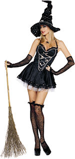 Includes dress, hat and black spiderweb print gloves.