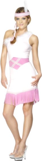 Adult sexy pink Indian costume includes dress, belt and headpiece.