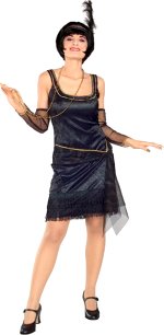 Includes tassled flapper dress, glovlets, and headband with feather.