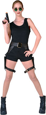 Available in three sizes, this Lara Croft look-a-like costume includes jumpsuit and gun belt.