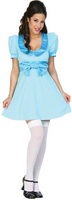 The Adult Wendy of Neverland Costume includes a babydoll dress with puff sleeves and satin contrast 