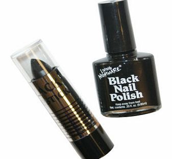 Black lipstick and matching black nail polish combination.