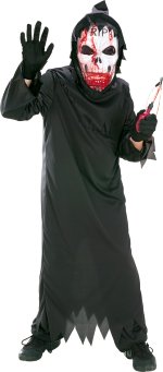 Bleeding mask with flowing blood effect, hooded robe, and gloves.