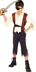 High seas costume includes shirt with attached vest, trousers and waist sash.