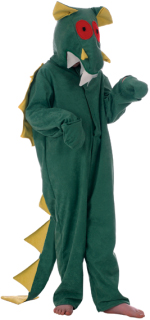 The Child Dragon Costume in emerald includes a jumpsuit made from soft stretch fabric.