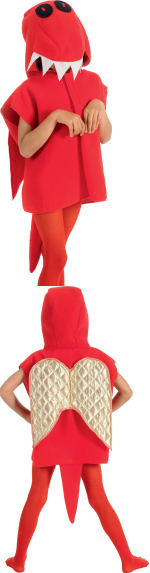 Red fleece jacket with attached hood, tail and gold wings. Dragon costume.