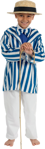 The Child Edwardian Boy Costume in blue includes a stripe blazer, bow tie and white trousers.