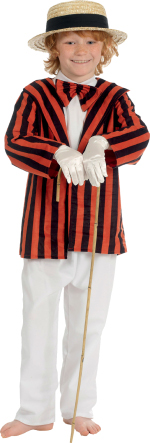 The Child Edwardian Boy Costume in red includes a stripe blazer, bow tie and white trousers.