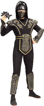 Child gold dragon warrior ninja, including jumpsuit, leg and arm guards, tabard, belt and mask.