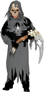Child grim reaper costume includes robe and vinyl half mask.