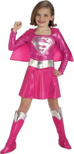 Includes pink dress with attached cape, belt and boot tops.
