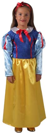 Snow White style costume includes blue, yellow and red dress with red ribbon detailing around collar