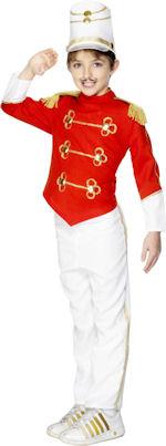 The Child Toy Soldier Costume includes a red top with gold detailing and epaulettes, coordinating wh