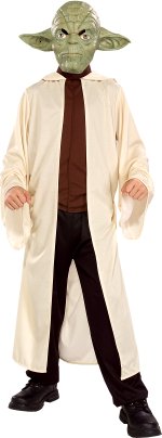 Includes hooded robe with shirt front, trousers and mask.