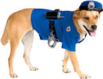 Pet Police Dog Costume includes cape and hat.