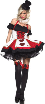 The Adult 2 Piece Pretty Playing Card Costume includes a dress and neckpiece.