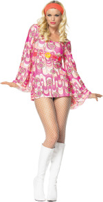 The Adult 2 Piece Retro Peace Daisy Dress includes a bell sleeved dress with peace sign buckle and h