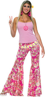 Sixties style Adult Flower Power Bell Bottoms with pink peace symbol pattern.