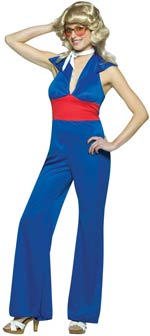 Costume includes a blue and red catsuit with halterneck and flared legs.