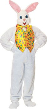 Costume includes a bunny mask, jumpsuit, waistcoat, bow tie, mittens, and shoe covers.