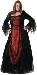 Includes full length lace trimmed panne and satin gown, choker and lace petticoat.