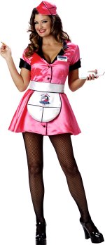Includes stretch satin snap-up dress, hat, printed apron, fishnet tights and name badge.