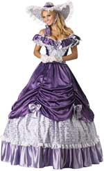 Adult Elite Quality Southern Belle Costume includes a long shimmering purple dress, hoop petticoat, 