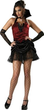 Includes panne and satin corset top with attached skirt, fingerless gloves, tights and choker.