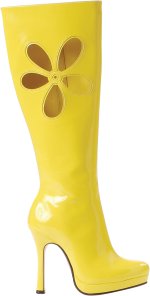 Yellow love child boots with flower cut-out.