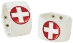 One pair of nurse ankle cuffs featuring red circle and white cross detailing. Simply clip around ank