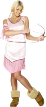 Pink Indian costume includes top, fringed skirt, head piece and fringed arm band.