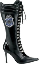 One pair of black boots featuring 3.75 inch heels and detachable badge.