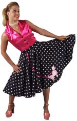 Fifties style rock n roll dress includes pink sleeveless top and attached black poodle skirt.