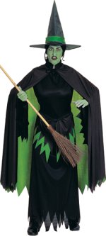 Costume consists of black and green dress, hat and cape. Excludes broom.