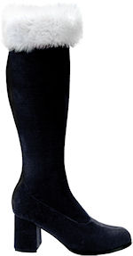 Knee-high black velvet boots with marabou trim and a 3 inch block heel.
