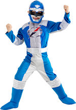 Costume includes muscle chest jumpsuit with attached boot tops, injection moulded mask and belt buck