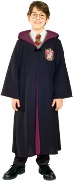 Maroon and black hooded robe with clasp. Is a thicker material and has double stitched hem and cuffs