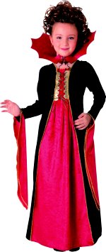 Costume includes long black dress with red velvet inlay and gold brocade. Long 