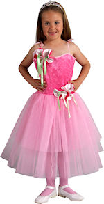 Pink ballerina costume includes dress with ribbon detailing.