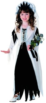 Costume consists of velvet trimmed dress with draw string bodice plus headpiece with veil.
