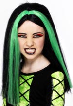 Black child witchs wig with green streaks.