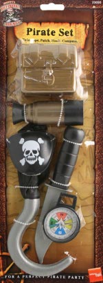 A set of piratical toys. Telescope, eyepatch, hook, knife, compass, and treasure chest.