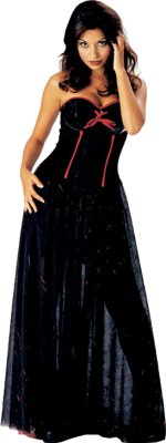 A simple yet elegant costume consisting of a strapless velvet under-dress with attached PVC bustier 