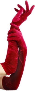 Long red velveteen gloves.