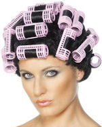 Black wig with pink rollers.