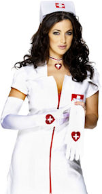 Long white nurses gloves with red glitter heart detail.