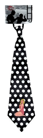 Elasticated tie with black and white polka dot design.