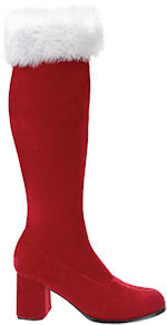 Knee-high red velvet boots with marabou trim and a 3 inch block heel.